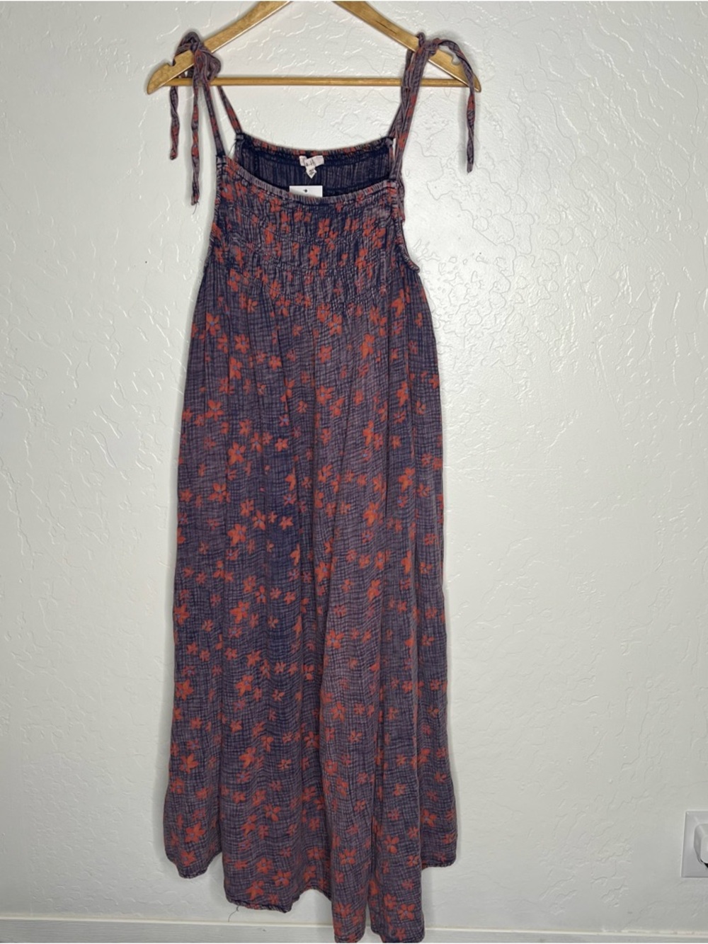 Smocked Tie-Shoulder Midi Dress purple Floral Festival bohemian natural NWT M